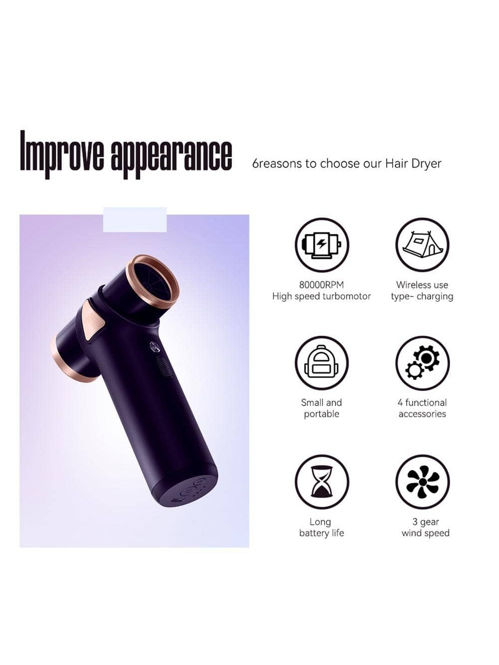 Mini Hair Dryer Modern Wireless Blow Dryer For Outdoors
