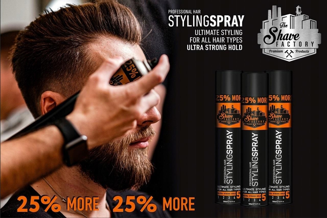 The Shave Factory Ultra Strong Hold Hair Styling Spray Salon Barber 500ml