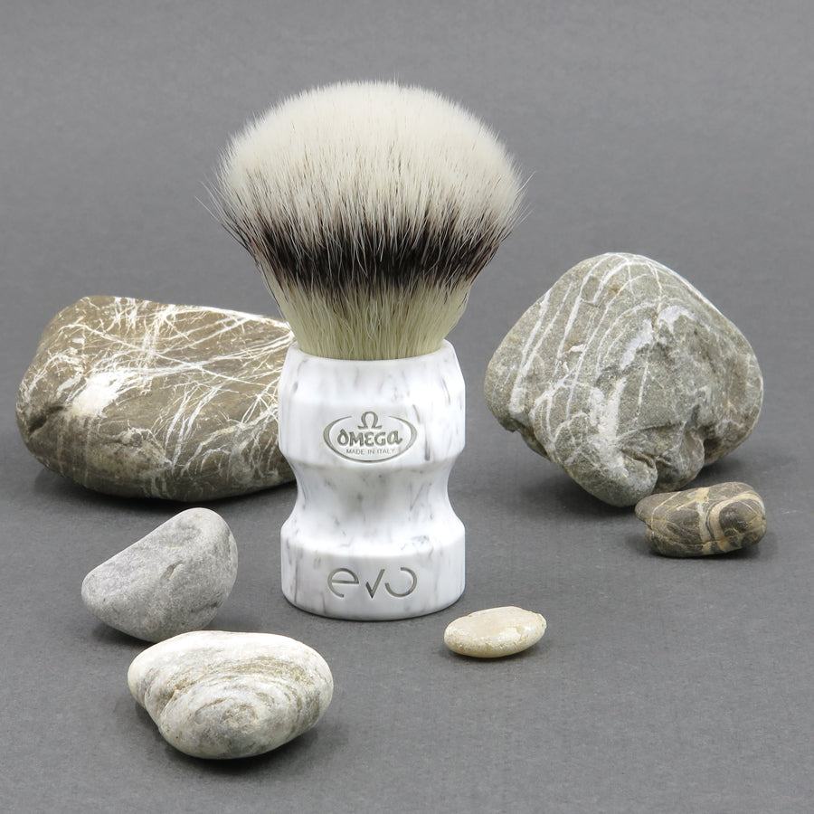 E1858 EVO Omega synthetic fiber white marble shaving brush