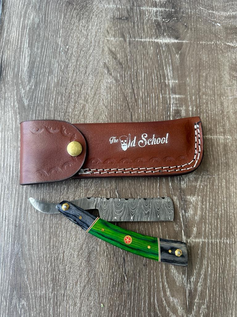 The Old School Damascus Steel Vintage Straight Razor Cut Throat Barber Salon Shaving Razor Vintage Wood with Leather Case