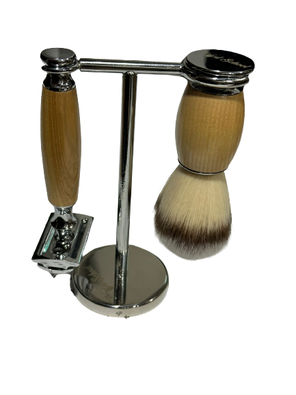 Wooden Shaving Set For Men - Safety Razor Badger Hair Shaving Brush with Stand