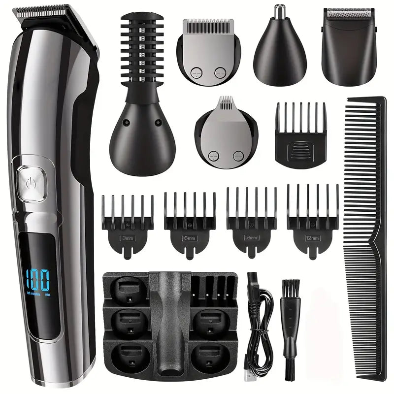 11 in 1 All In One Hair Trimmer Set For Men, Face Beard Grooming Kit, USB Charging Hair Clipper With LED Display,