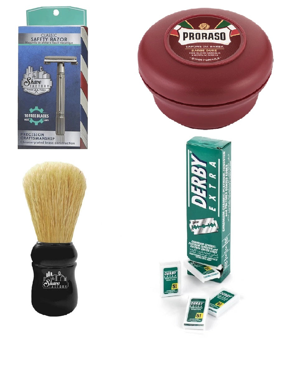 The Shave Factory Safety Razor Shaving Set with Proraso Sandalwood & Shea Butter Soap
