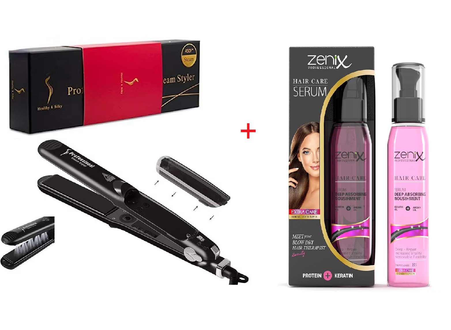 Steam Hair Straightener + Hair Care Serum Set