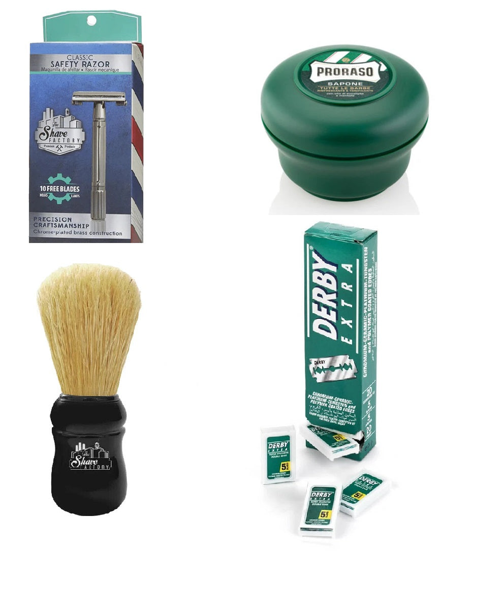 The Shave Factory Safety Razor Shaving Set with Proraso Menthol and Eucalyptus Soap
