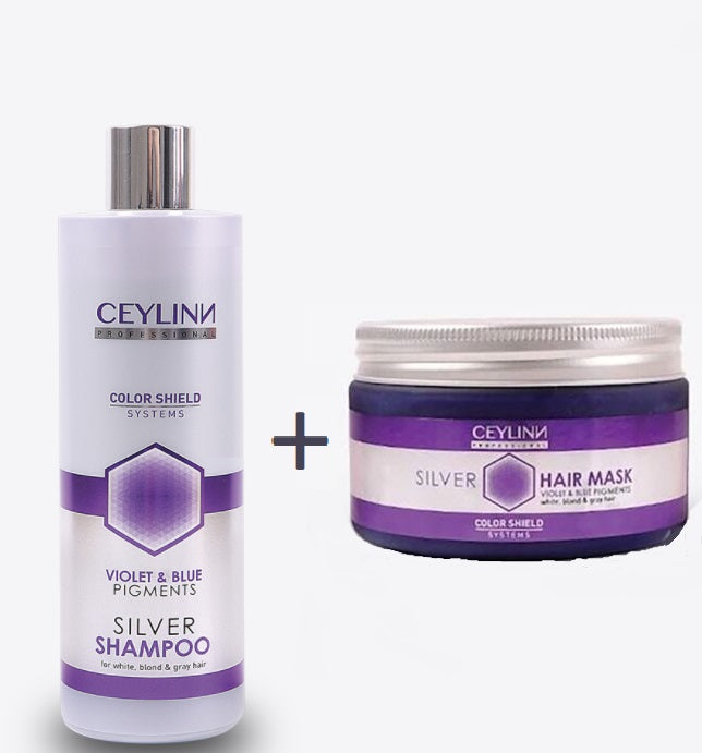 Ceylinn Silver Hair Shampoo, Violet- Blue 375ml  + Ceylinn Professional 300ml Silver Hair Mask for all Blonde Tones - Salon