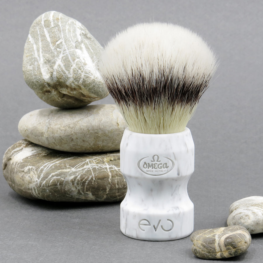 E1858 EVO Omega synthetic fiber white marble shaving brush