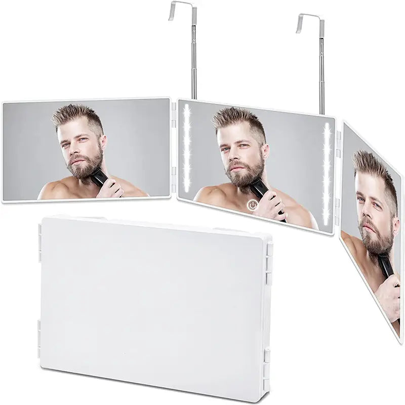 Portable 360 Self Barber Mirror 3 Way Mirror Hair Cutting Tri-fold Makeup Mirror With Height Adjustable Telescoping Hooks