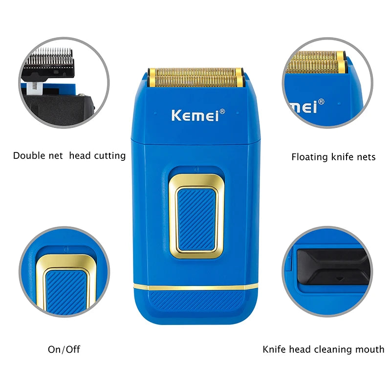 Kemei  Professional Blue Electric Razor Bald Head Foil Shaver Cordless Rechargeable Close Shaving Precision Cutting Waterproof