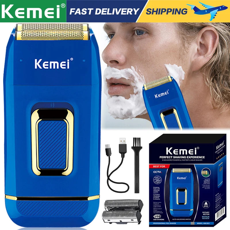 Kemei  Professional Blue Electric Razor Bald Head Foil Shaver Cordless Rechargeable Close Shaving Precision Cutting Waterproof