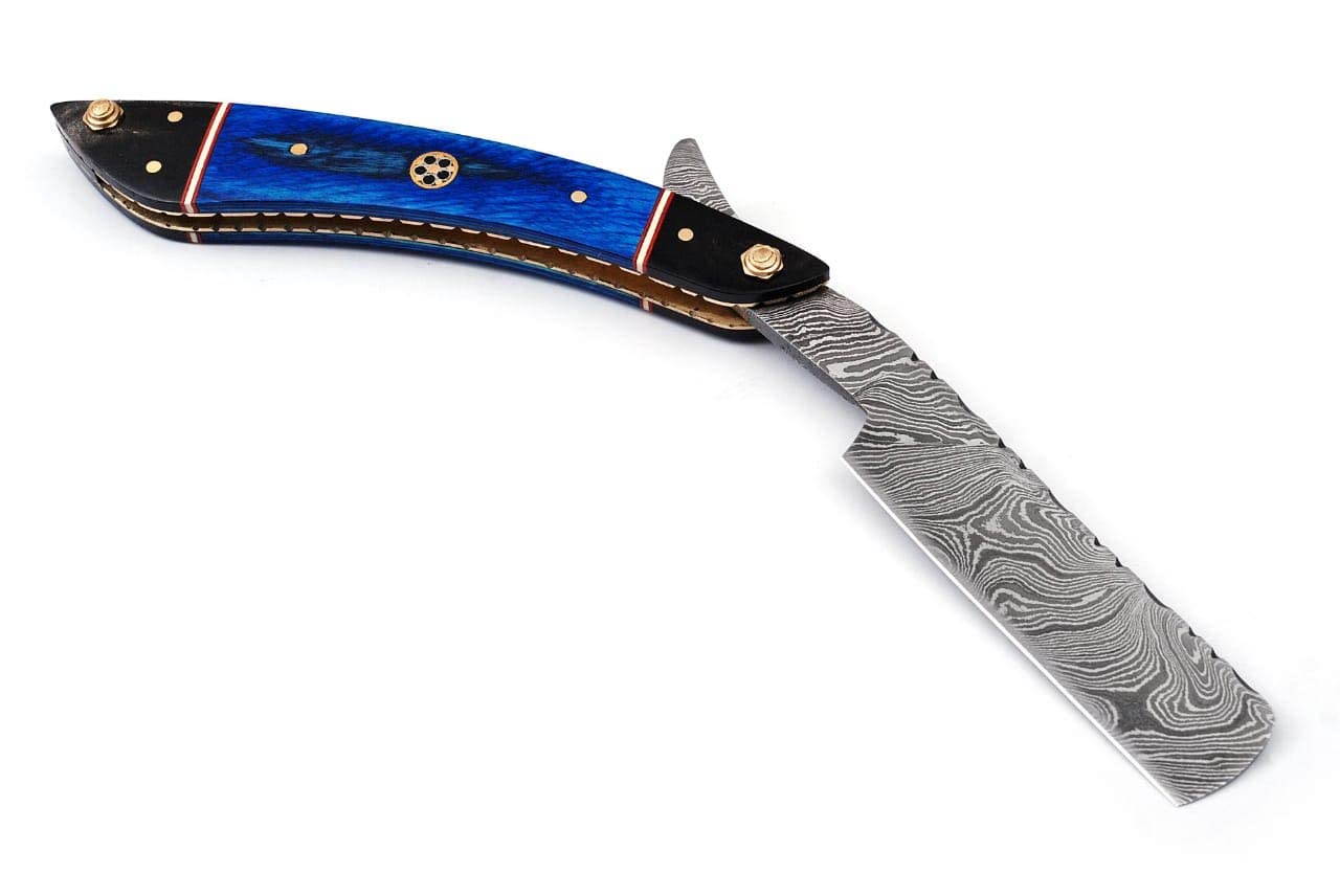 Blue Damascus Steel Fixed Blade Straight Razor - Barber Approved