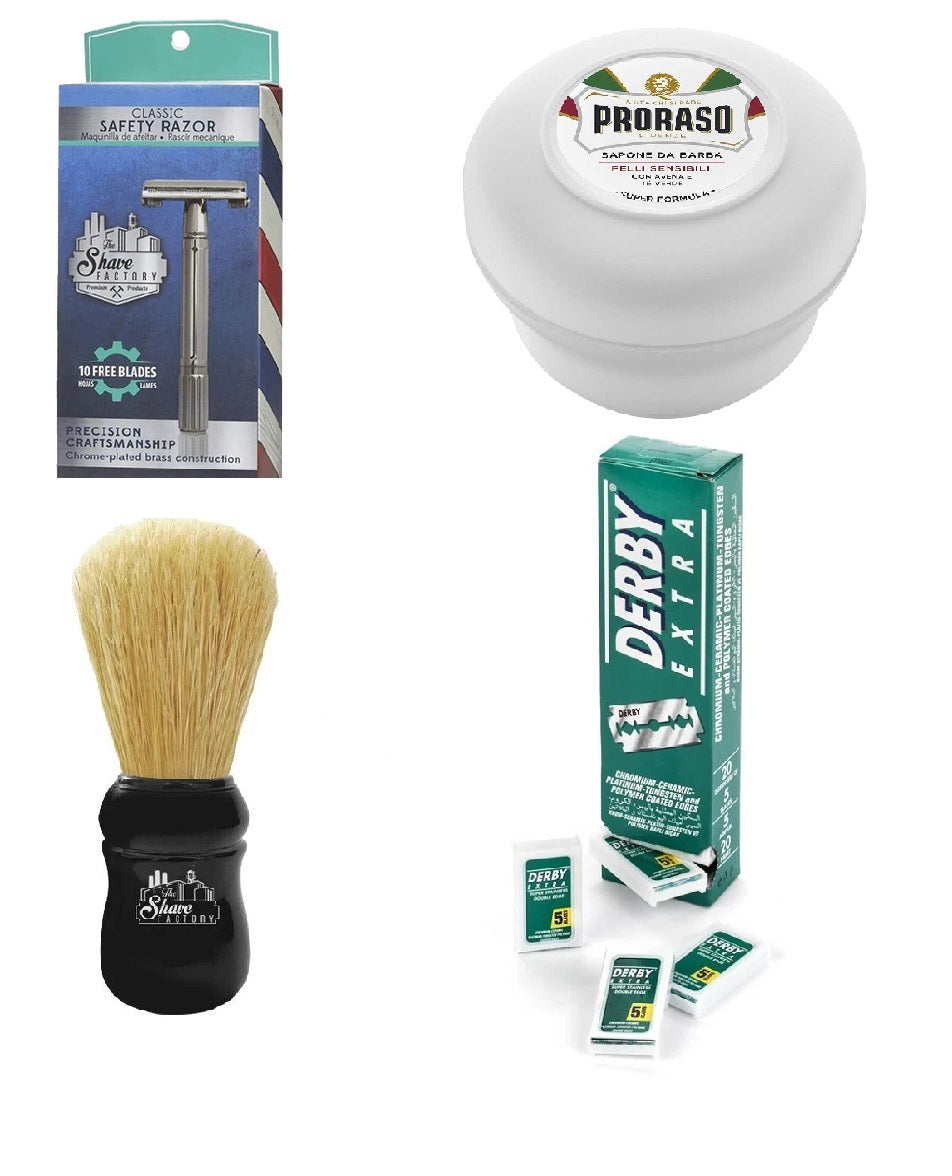 The Shave Factory Safety Razor Shaving Set with Proraso Green Tea & Oatmeal Sensitive Soap