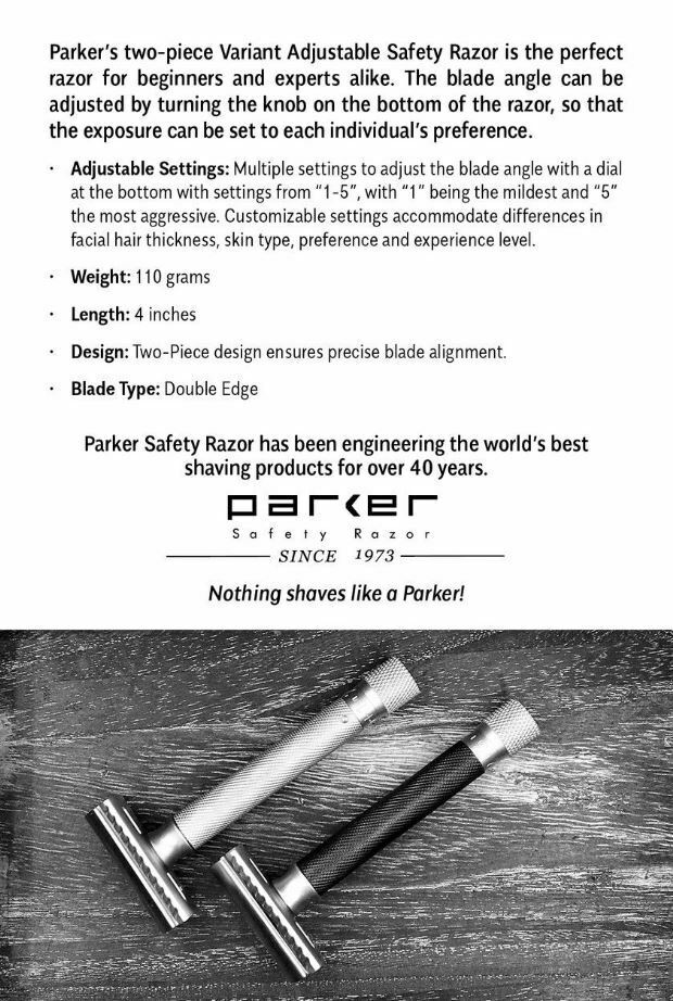 PARKER VAR - SC ADJUSTABLE SAFETY RAZOR - SATIN CHROME - 10 FREE BLADES